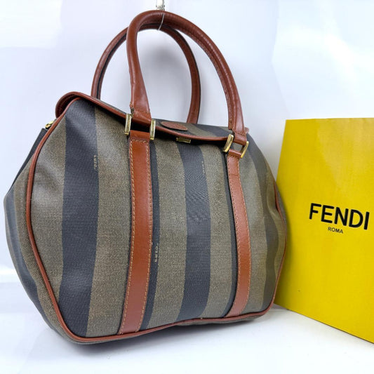 FENDI Hand Bag Tote Purse Mini Boston Pecan PVC Leather Black Authentic