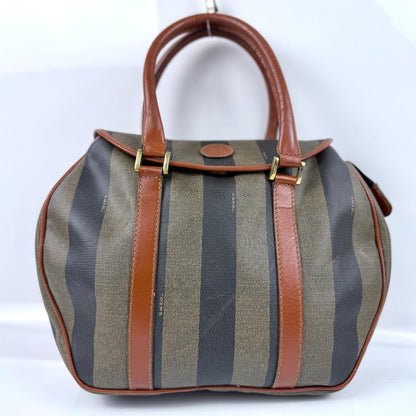FENDI Hand Bag Tote Purse Mini Boston Pecan PVC Leather Black Authentic