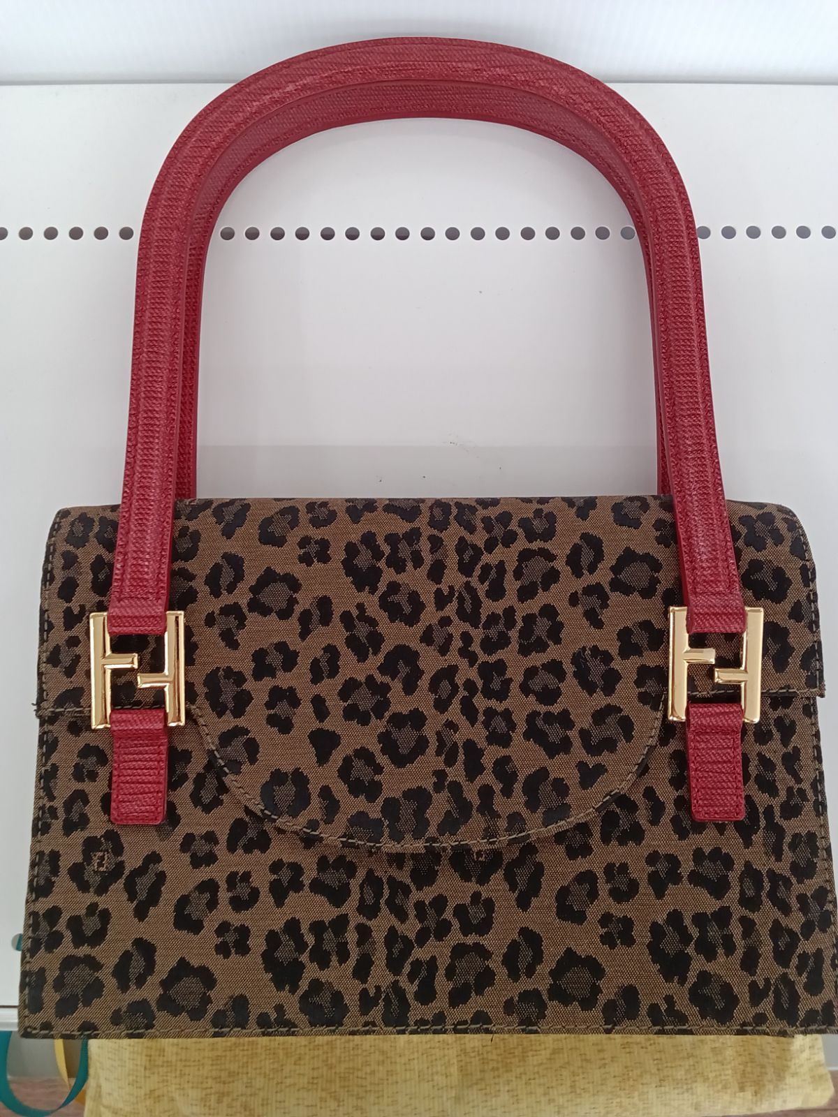 FENDI Hand Bag Tote Purse FF Canvas Leather Leopard Authentic