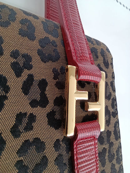 FENDI Hand Bag Tote Purse FF Canvas Leather Leopard Authentic