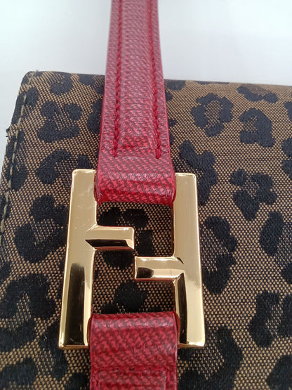 FENDI Hand Bag Tote Purse FF Canvas Leather Leopard Authentic