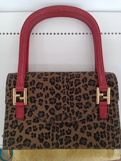 FENDI Hand Bag Tote Purse FF Canvas Leather Leopard Authentic