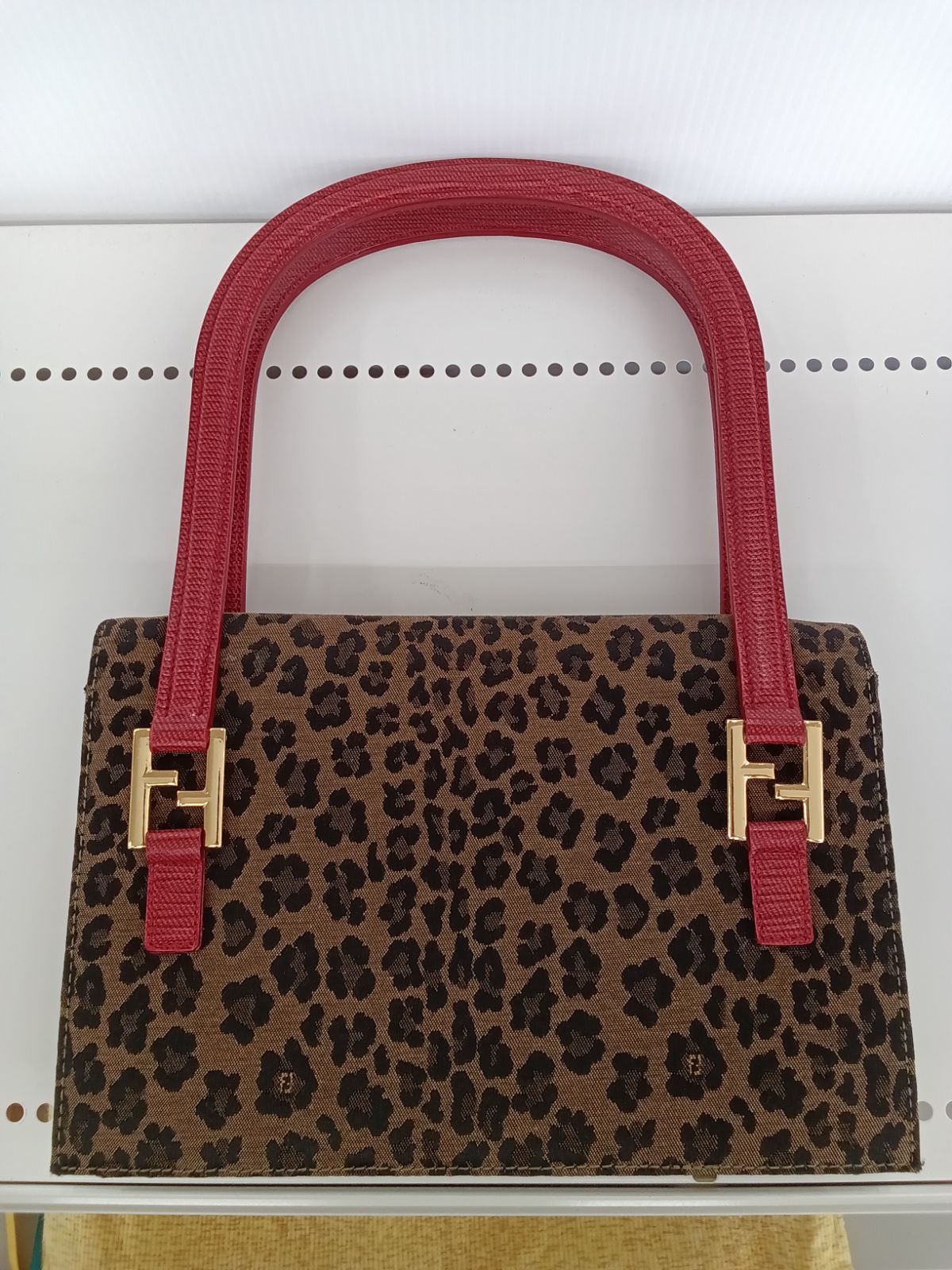 FENDI Hand Bag Tote Purse FF Canvas Leather Leopard Authentic