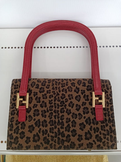 FENDI Hand Bag Tote Purse FF Canvas Leather Leopard Authentic