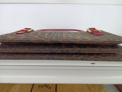 FENDI Hand Bag Tote Purse FF Canvas Leather Leopard Authentic