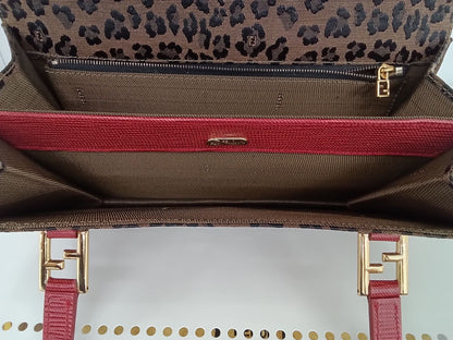 FENDI Hand Bag Tote Purse FF Canvas Leather Leopard Authentic