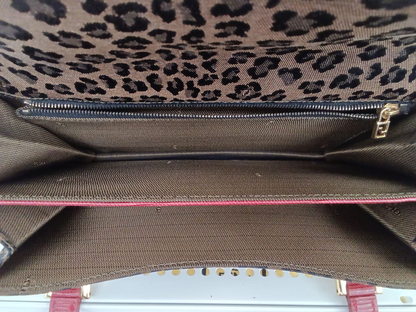 FENDI Hand Bag Tote Purse FF Canvas Leather Leopard Authentic