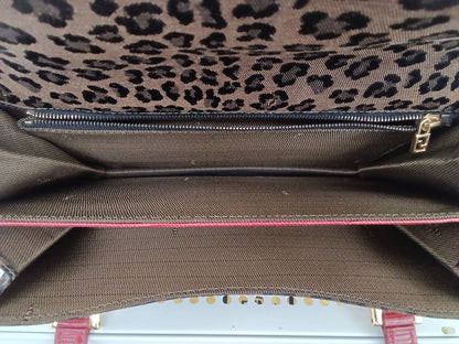 FENDI Hand Bag Tote Purse FF Canvas Leather Leopard Authentic