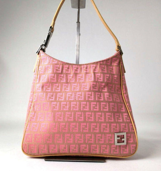 FENDI Hand Shoulder Bag Tote Purse FF Zucchino Canvas Leather Pink Beige Auth