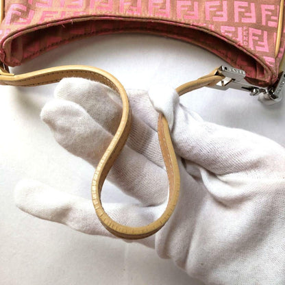 FENDI Hand Shoulder Bag Tote Purse FF Zucchino Canvas Leather Pink Beige Auth