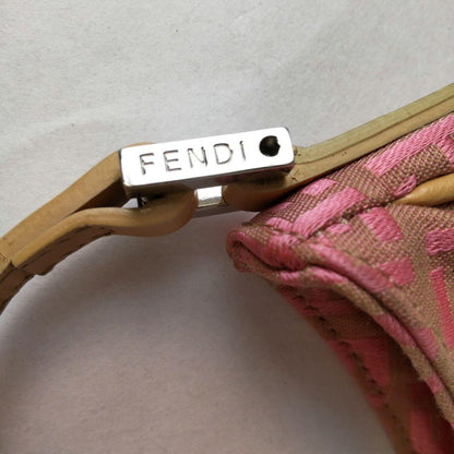 FENDI Hand Shoulder Bag Tote Purse FF Zucchino Canvas Leather Pink Beige Auth