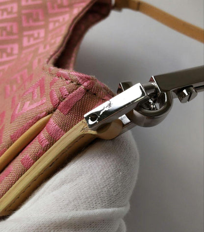 FENDI Hand Shoulder Bag Tote Purse FF Zucchino Canvas Leather Pink Beige Auth