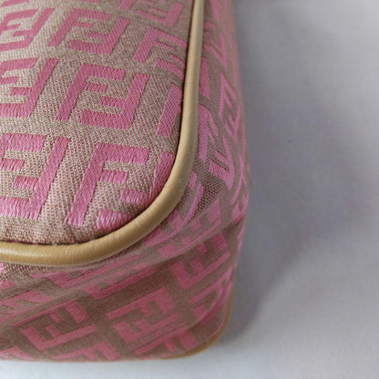 FENDI Hand Shoulder Bag Tote Purse FF Zucchino Canvas Leather Pink Beige Auth
