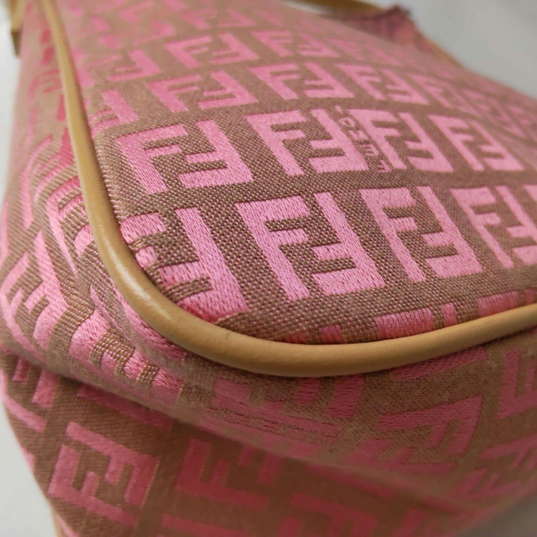 FENDI Hand Shoulder Bag Tote Purse FF Zucchino Canvas Leather Pink Beige Auth