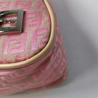 FENDI Hand Shoulder Bag Tote Purse FF Zucchino Canvas Leather Pink Beige Auth