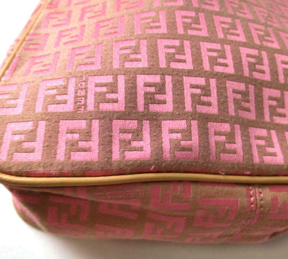 FENDI Hand Shoulder Bag Tote Purse FF Zucchino Canvas Leather Pink Beige Auth