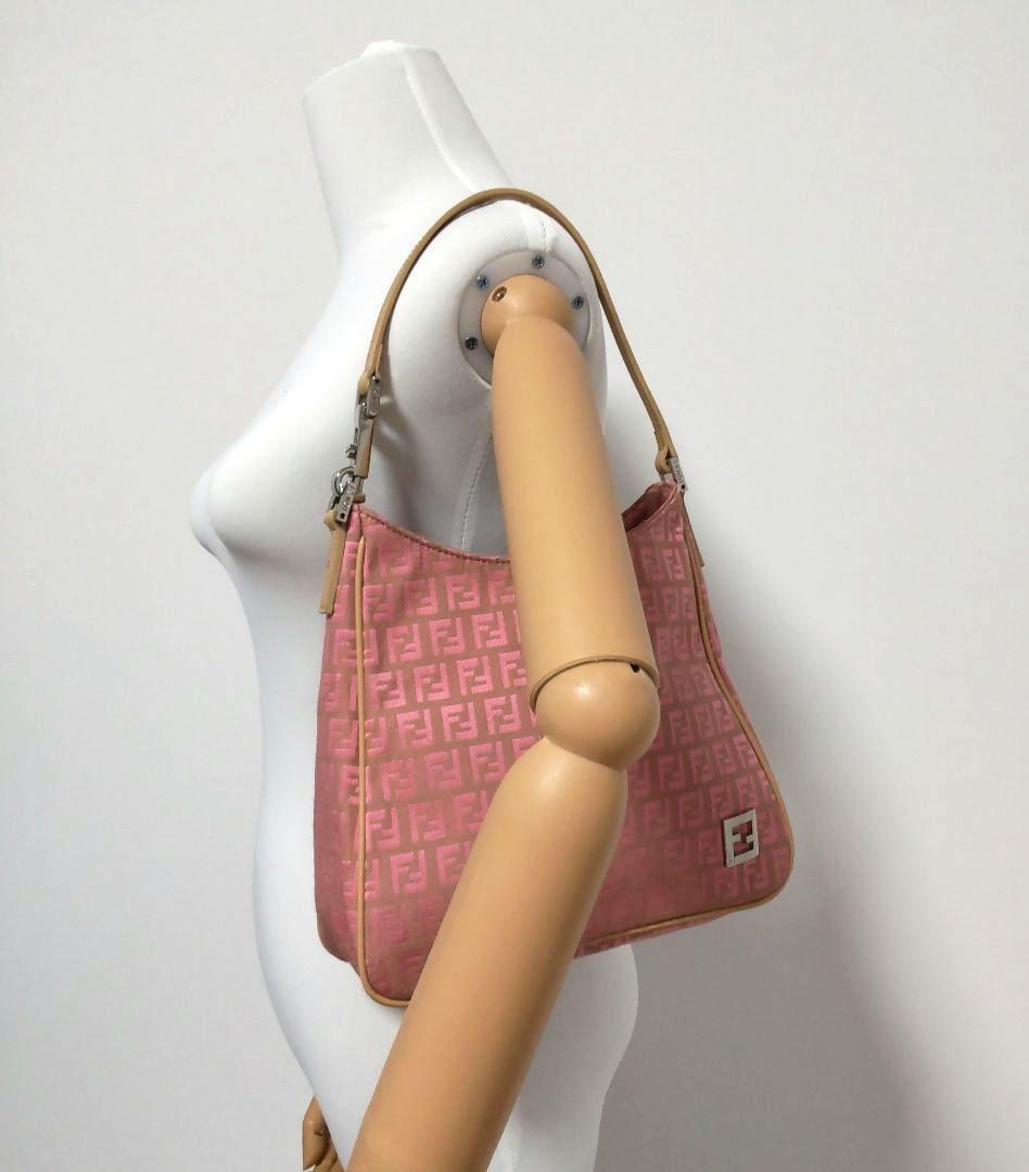 FENDI Hand Shoulder Bag Tote Purse FF Zucchino Canvas Leather Pink Beige Auth