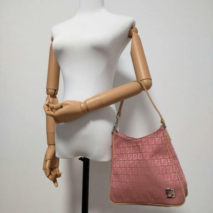 FENDI Hand Shoulder Bag Tote Purse FF Zucchino Canvas Leather Pink Beige Auth