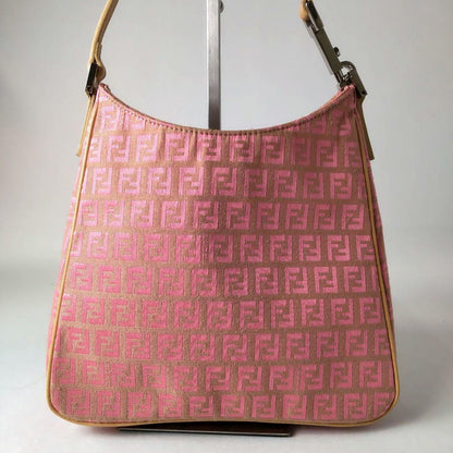 FENDI Hand Shoulder Bag Tote Purse FF Zucchino Canvas Leather Pink Beige Auth
