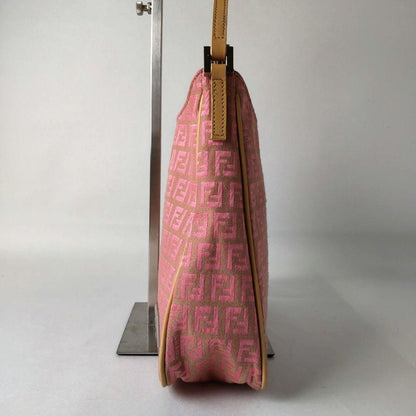 FENDI Hand Shoulder Bag Tote Purse FF Zucchino Canvas Leather Pink Beige Auth