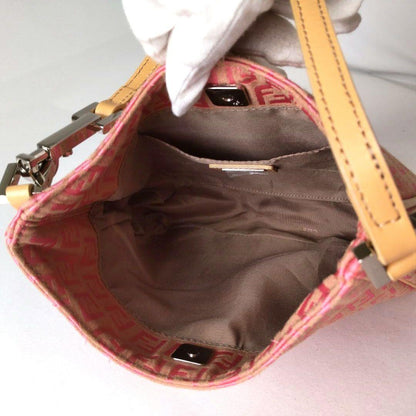 FENDI Hand Shoulder Bag Tote Purse FF Zucchino Canvas Leather Pink Beige Auth