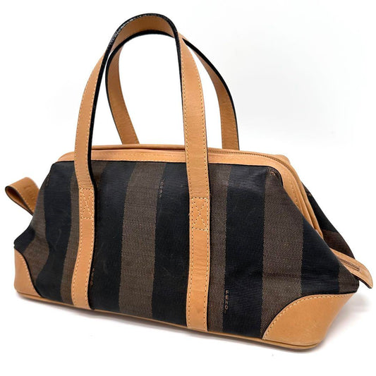 FENDI Mini Boston Hand Bag Tote Purse Pecan PVC Leather Brown Authentic