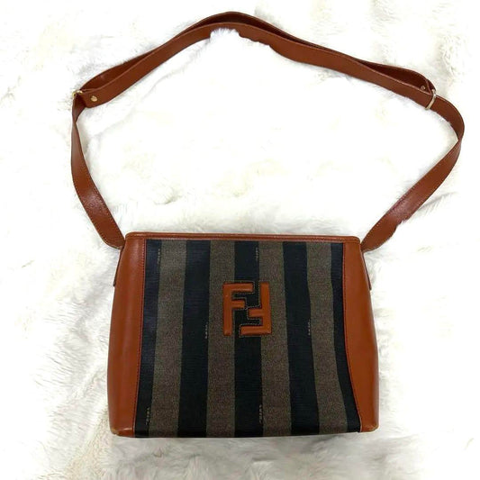 FENDI Shoulder Bag Purse FF Pecan Canvas Leather Brown Black Authentic
