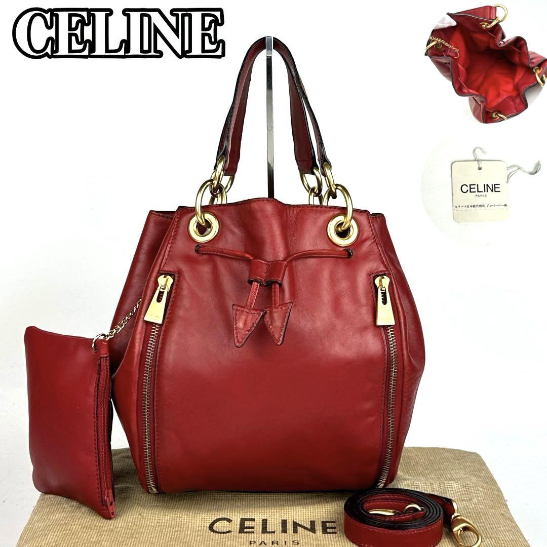 CELINE Shoulder Bag Purse 2way Leather Red Authentic
