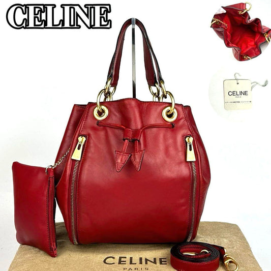 CELINE Shoulder Bag Purse 2way Leather Red Authentic