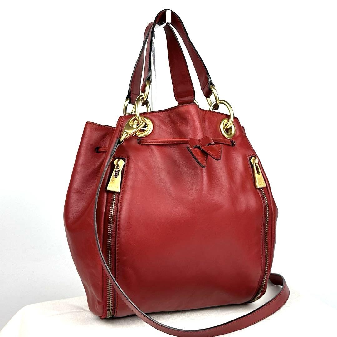 CELINE Shoulder Bag Purse 2way Leather Red Authentic
