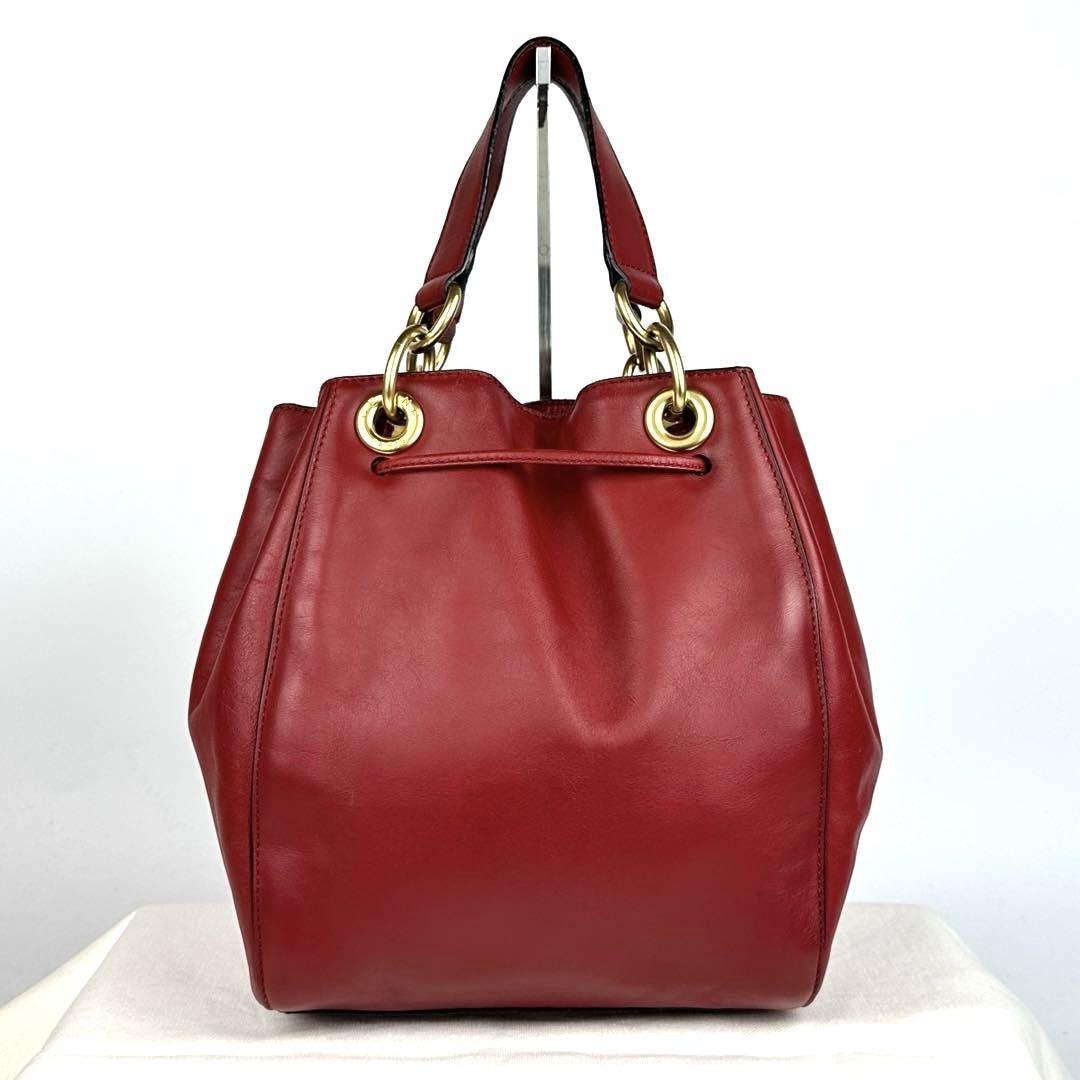 CELINE Shoulder Bag Purse 2way Leather Red Authentic