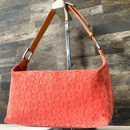 CELINE Accessory Pouch Shoulder Bag Purse C Macadam Suede Orange Authentic