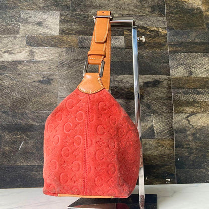 CELINE Accessory Pouch Shoulder Bag Purse C Macadam Suede Orange Authentic