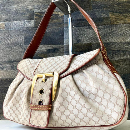 CELINE Hand Shoulder Bag Tote Purse Macadam Canvas Leather Beige Authentic