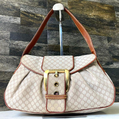 CELINE Hand Shoulder Bag Tote Purse Macadam Canvas Leather Beige Authentic