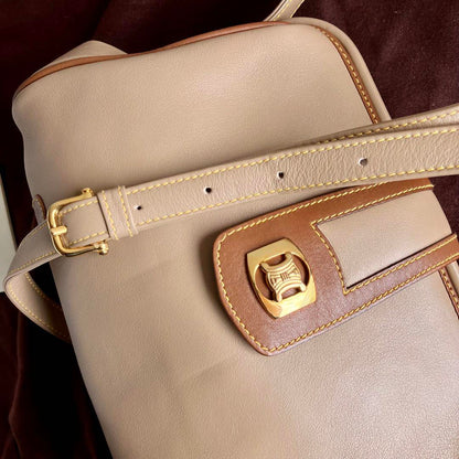 CELINE Shoulder Bag Purse Leather Beige Authentic
