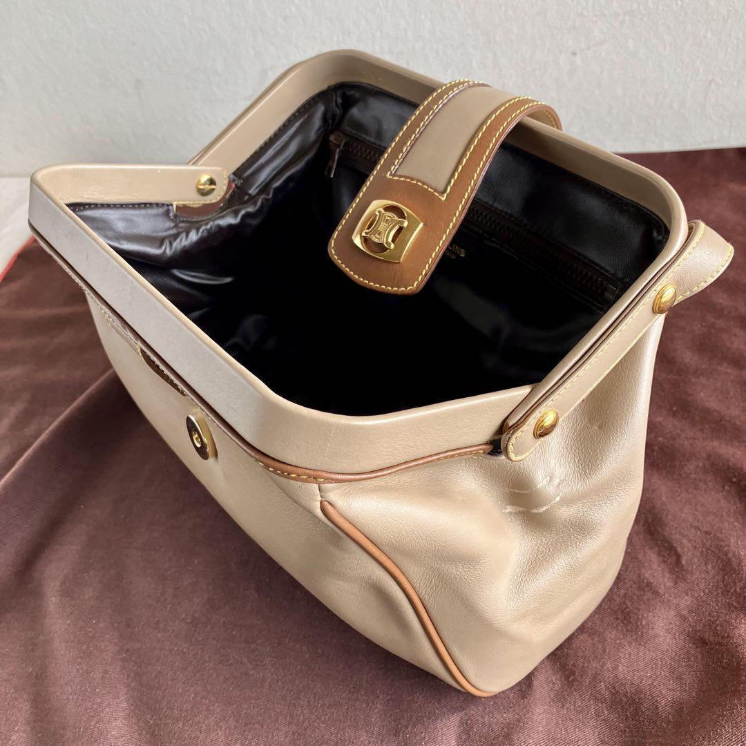 CELINE Shoulder Bag Purse Leather Beige Authentic