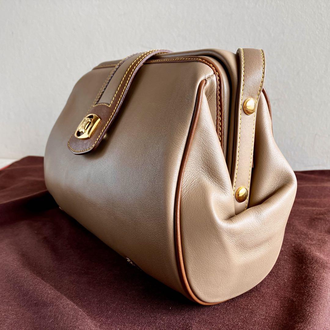 CELINE Shoulder Bag Purse Leather Beige Authentic