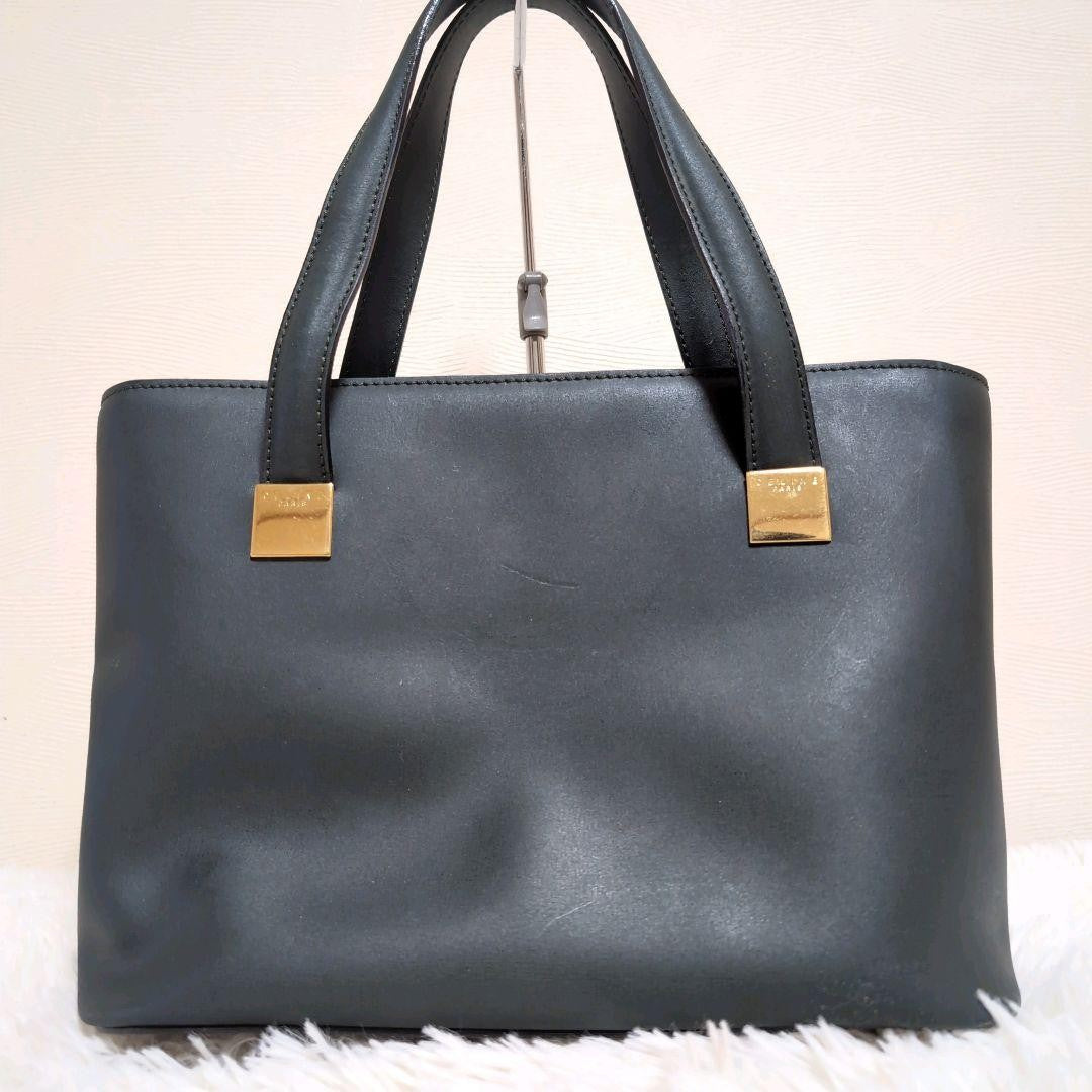 CELINE Hand Bag Tote Purse Leather Dark Green Authentic