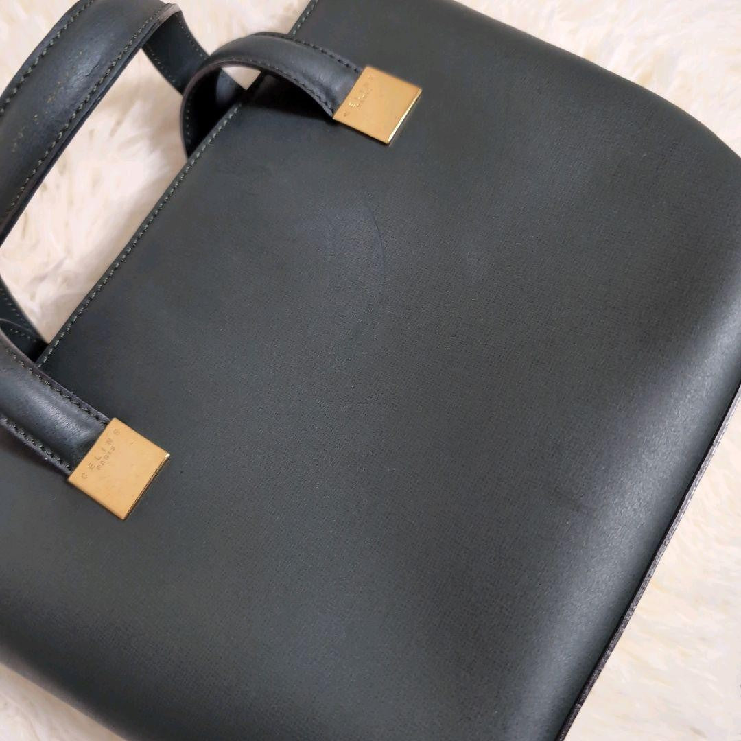 CELINE Hand Bag Tote Purse Leather Dark Green Authentic