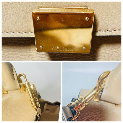 CELINE Hand Shoulder Bag Tote Purse 2way Trapeze Leather Beige Authentic