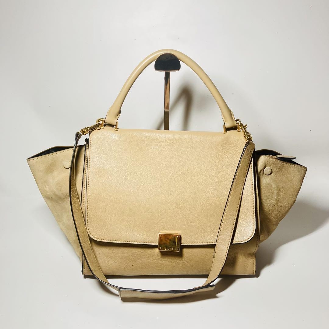 CELINE Hand Shoulder Bag Tote Purse 2way Trapeze Leather Beige Authentic