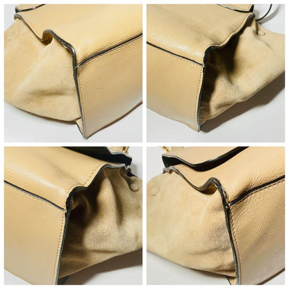CELINE Hand Shoulder Bag Tote Purse 2way Trapeze Leather Beige Authentic