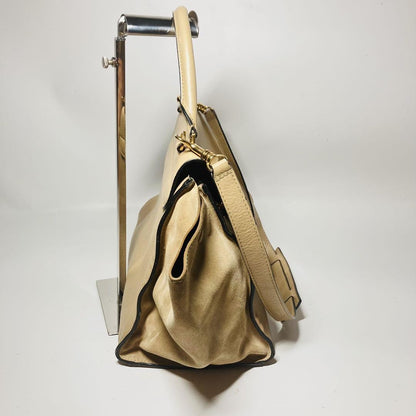 CELINE Hand Shoulder Bag Tote Purse 2way Trapeze Leather Beige Authentic
