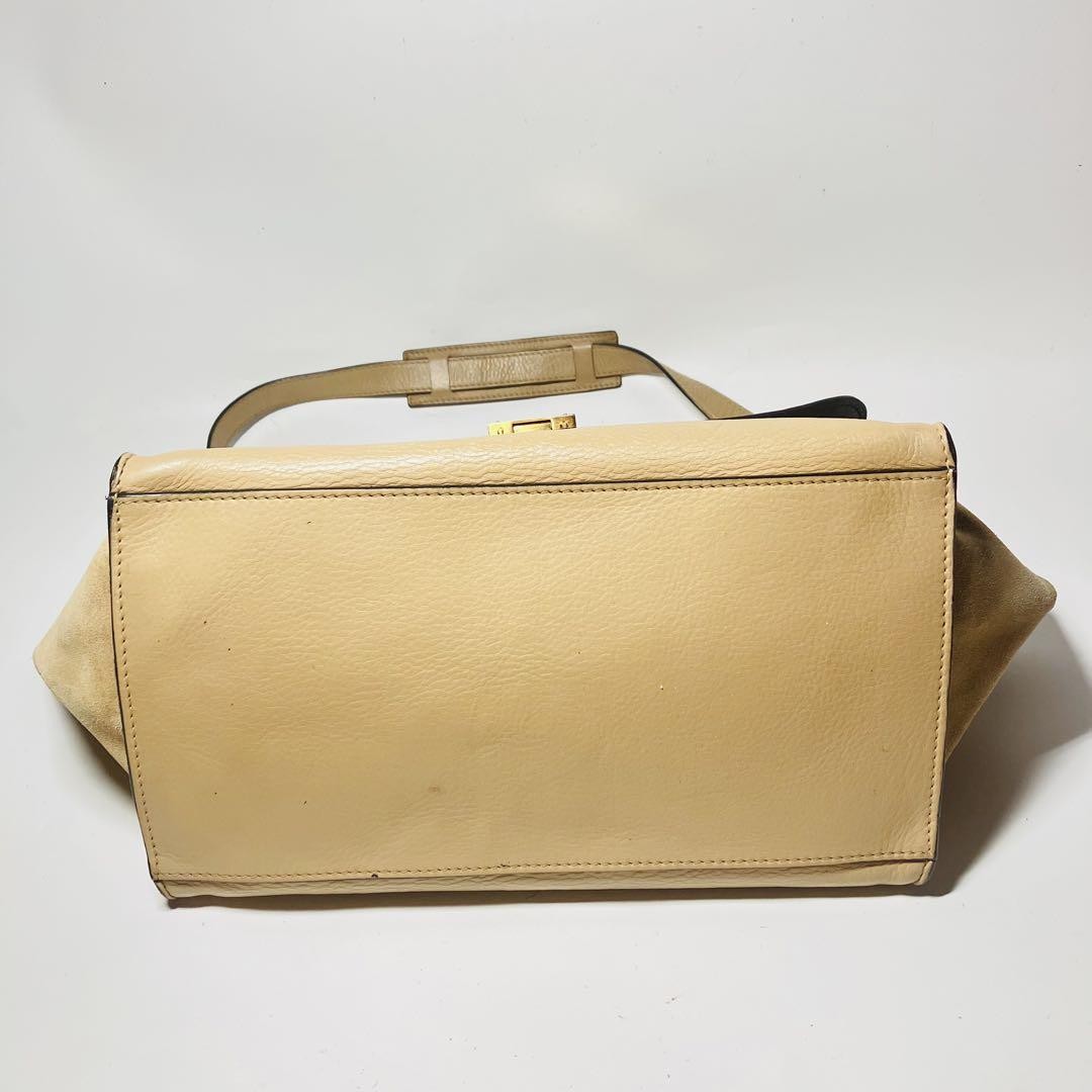 CELINE Hand Shoulder Bag Tote Purse 2way Trapeze Leather Beige Authentic