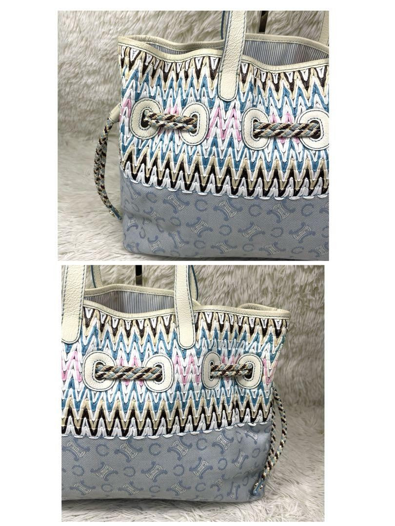 CELINE Hand Bag Tote Purse C Macadam Canvas Leather Blue Authentic