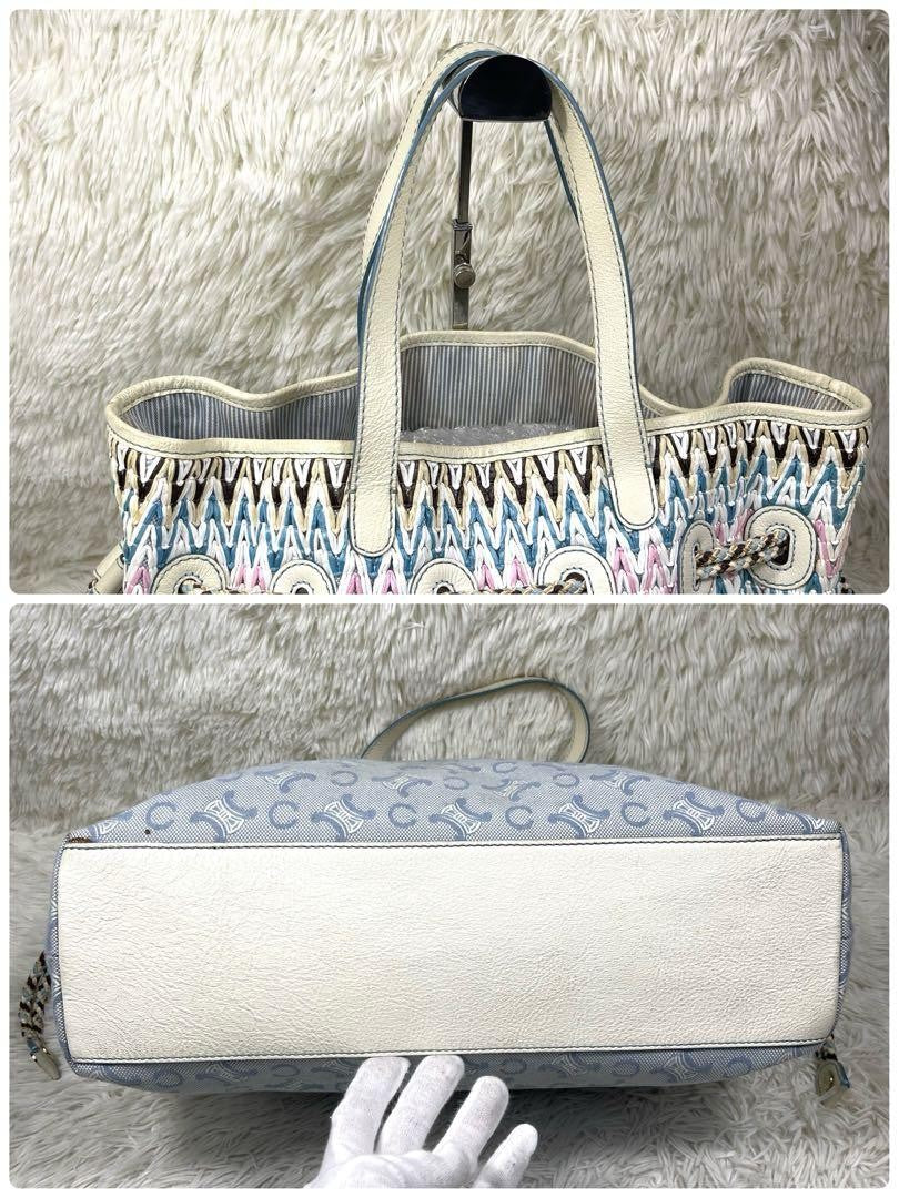 CELINE Hand Bag Tote Purse C Macadam Canvas Leather Blue Authentic