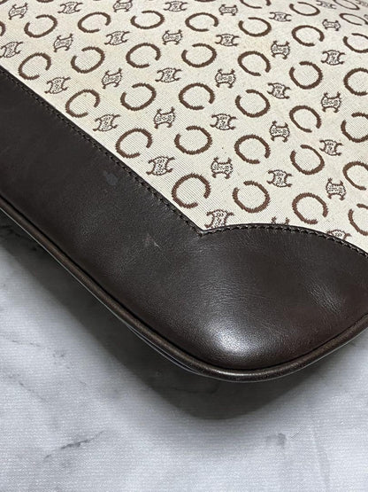 CELINE Shoulder Bag Purse C Macadam Canvas Leather Brown Off White Authentic
