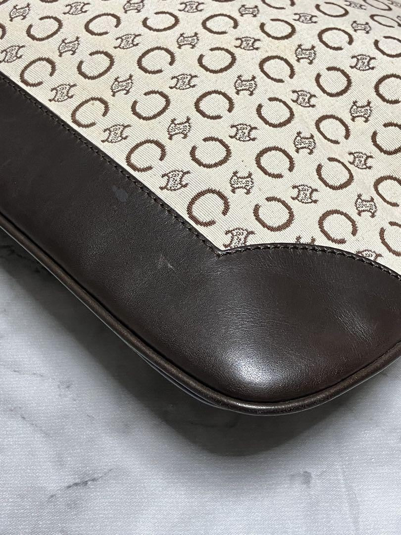 CELINE Shoulder Bag Purse C Macadam Canvas Leather Brown Off White Authentic