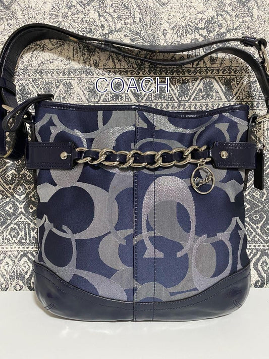 COACH Shoulder Bag Purse Signature Canvas Patent Leather Navy Authentic